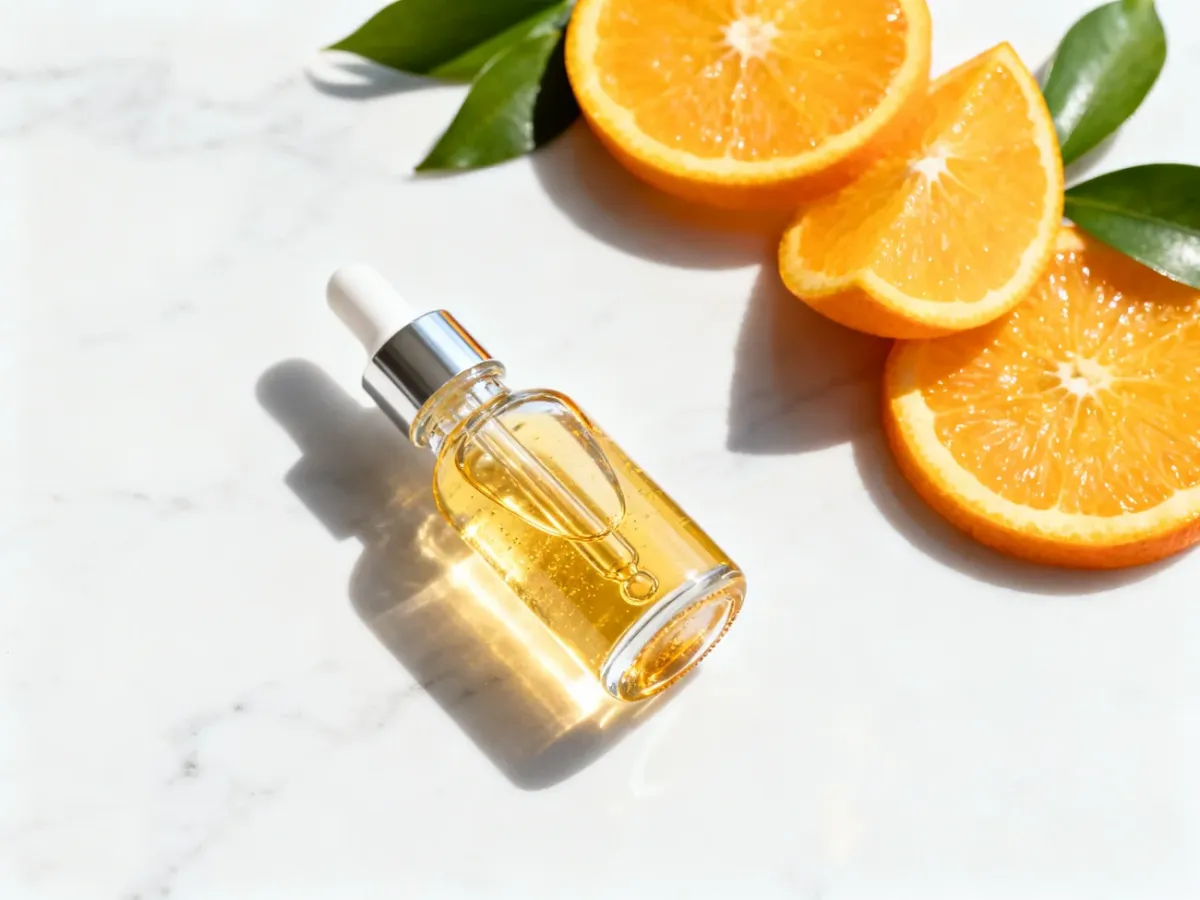 Szklana buteleczka serum z witaminą C na marmurowym blacie w otoczeniu świeżych pomarańczy i liści.