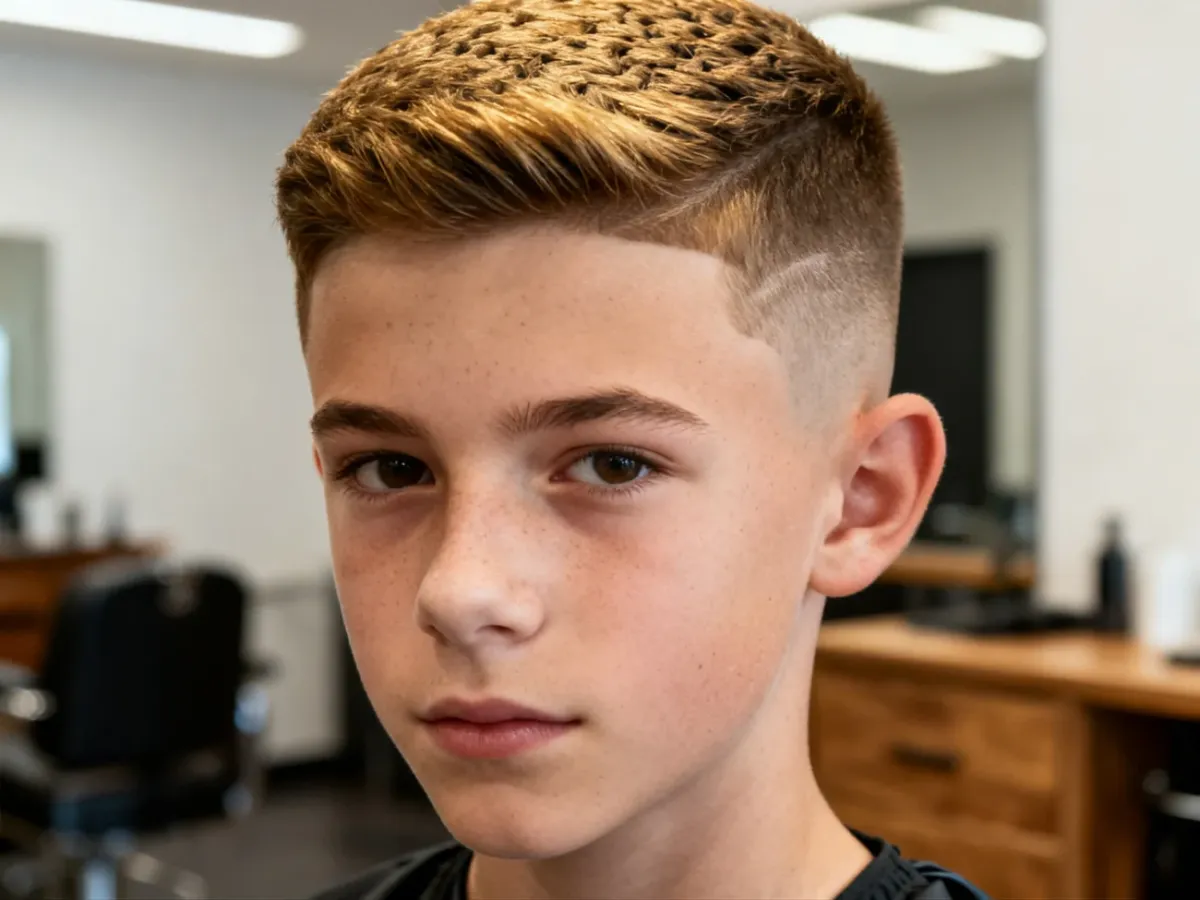 Nastolatek z teksturowaną fryzurą French Crop w nowoczesnym barbershopie