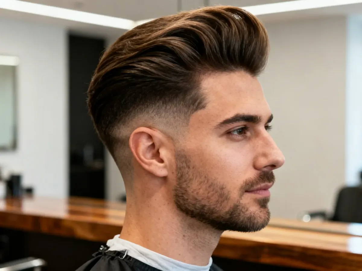 Mężczyzna z uniesioną fryzurą quiff i krótkimi bokami