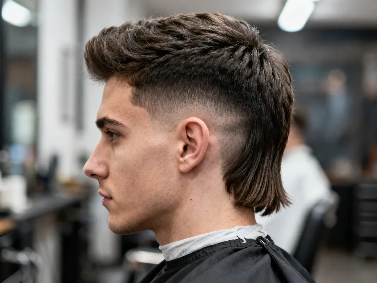 Modern mullet z krótkimi bokami i dłuższym teksturowanym tyłem