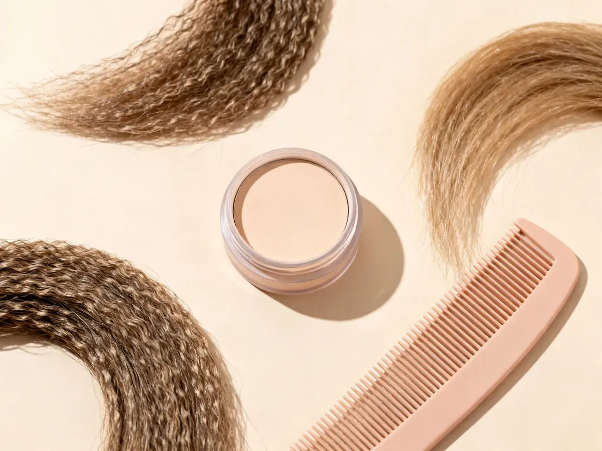 Hair styling powder and tools arranged beside textured hair