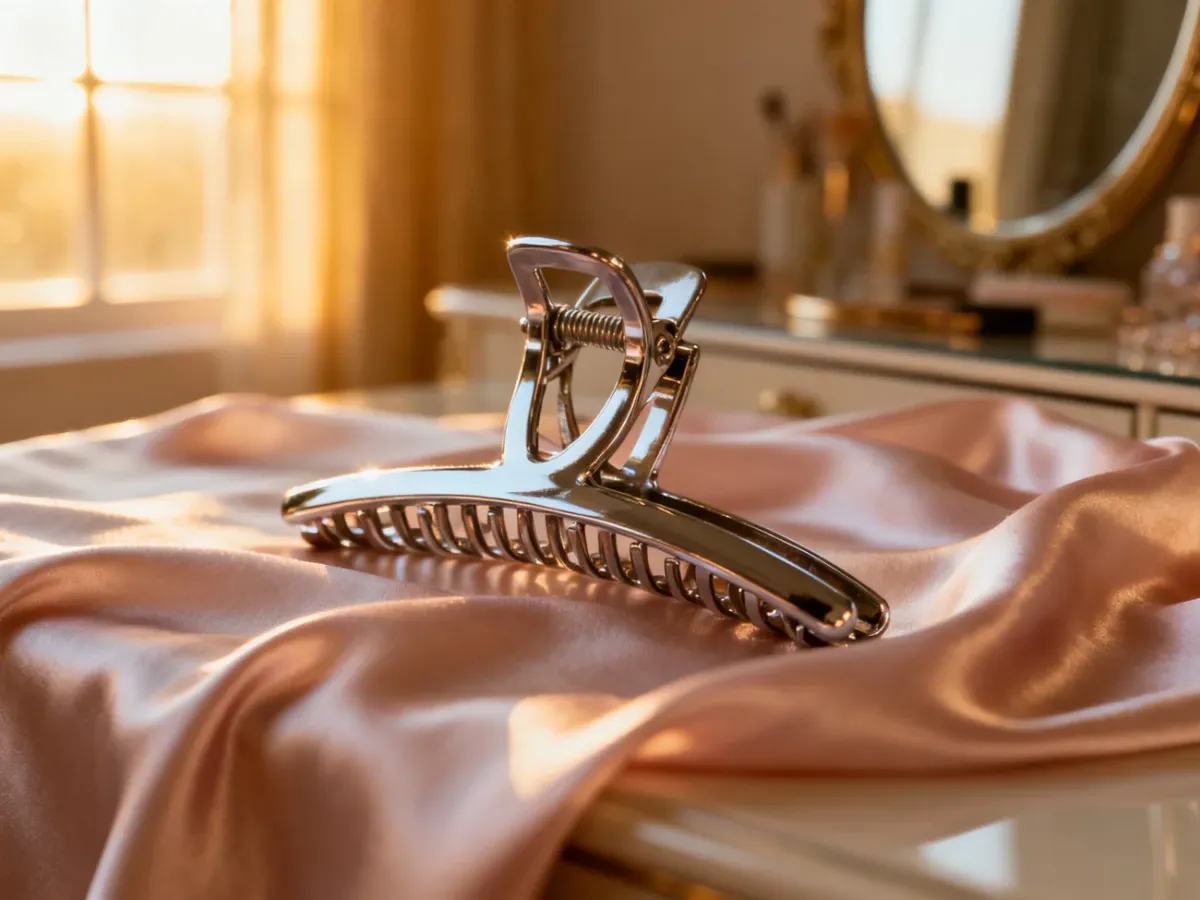 Elegancka metalowa spinka automatyczna leżąca na jedwabnej tkaninie w pastelowym odcieniu.