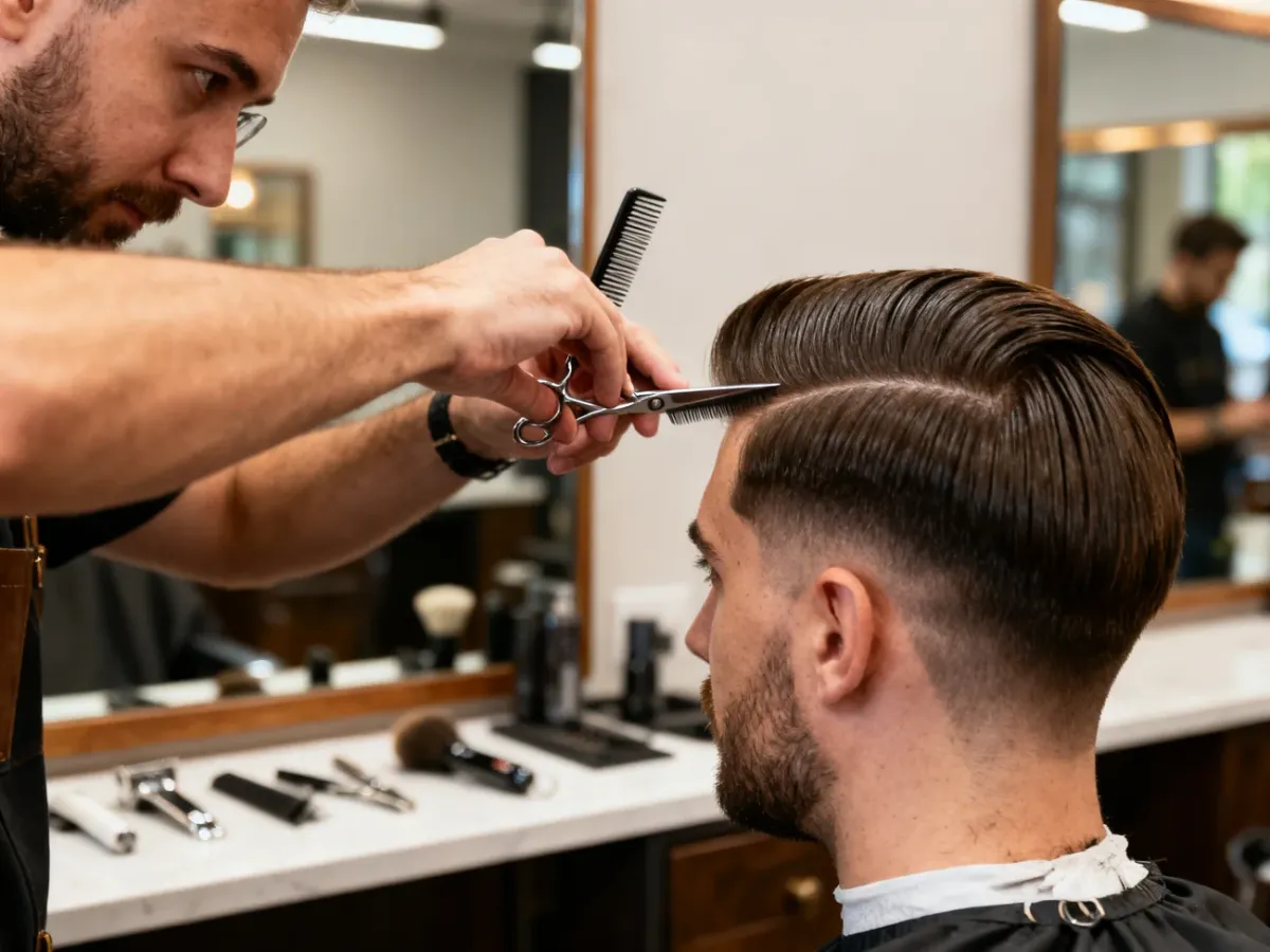 Barber dopracowujący naturalny przedziałek i cieniowanie side part