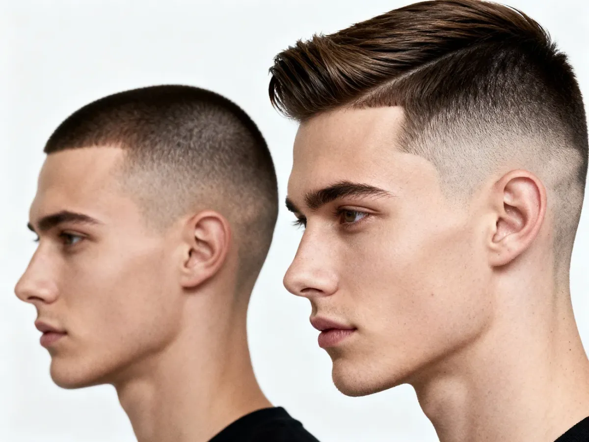 Porównanie fryzury buzz cut i crew cut na dwóch mężczyznach