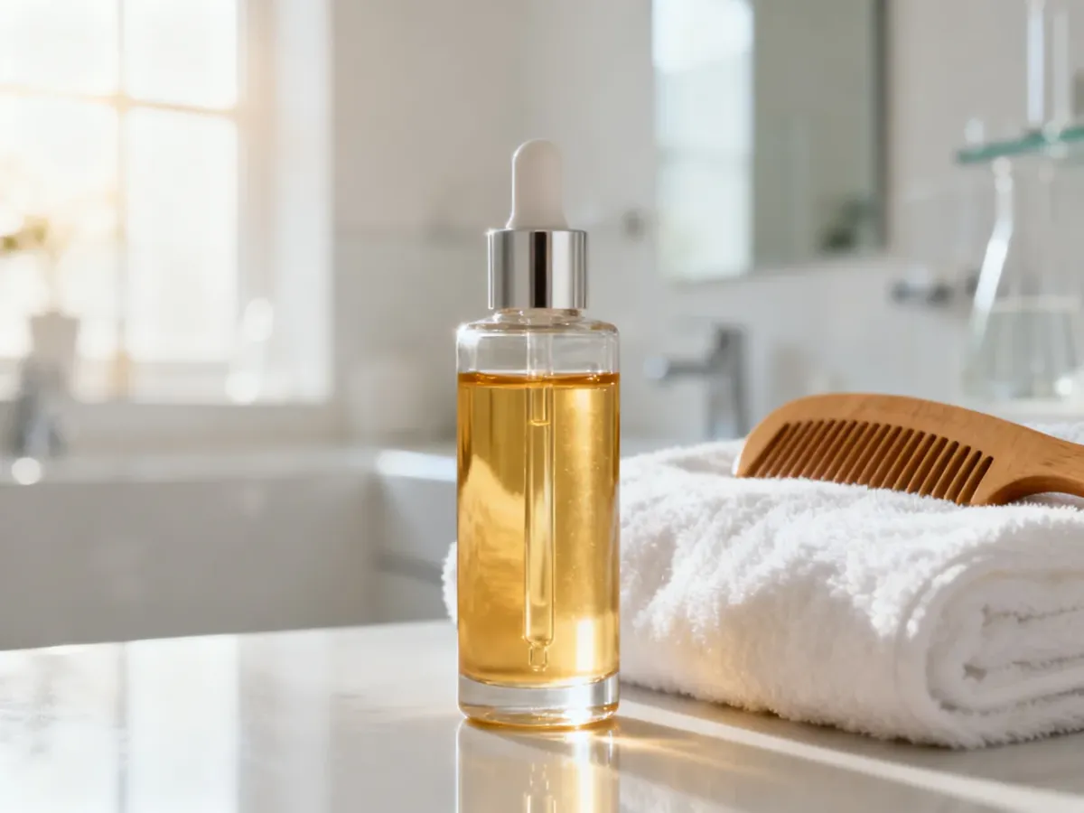 Elegancka buteleczka z serum rewitalizującym, ręcznik i grzebień w jasnym, nowoczesnym wnętrzu łazienki.