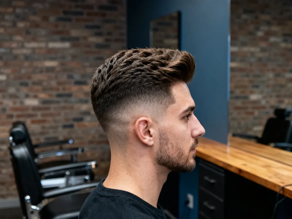 Fryzura low fade z dłuższą, uniesioną górą w stylu quiff
