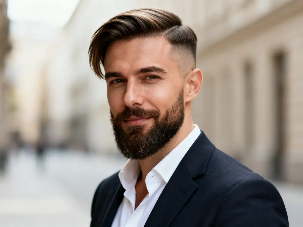 Zadbany mężczyzna z niskim fade’em w eleganckiej stylizacji