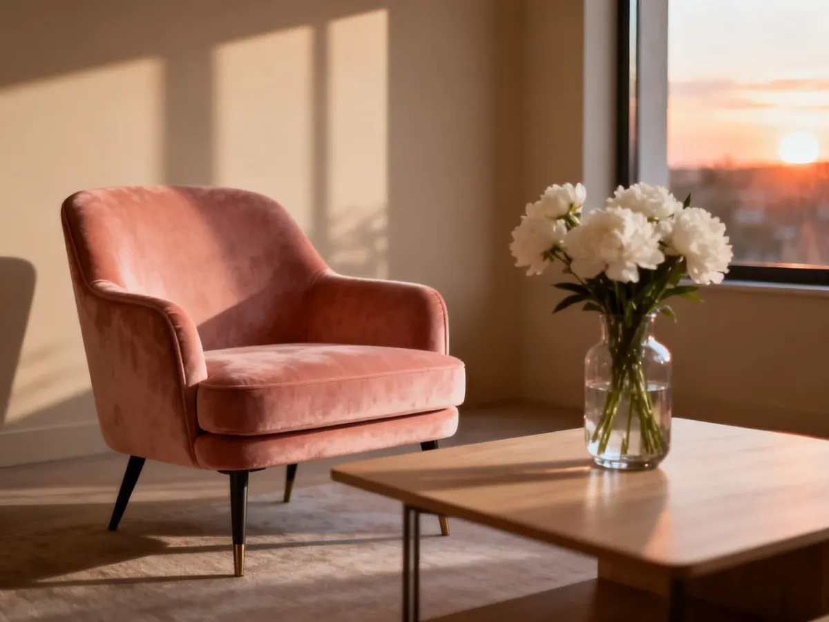 Nowoczesny salon z łososiowym fotelem i minimalistycznym stolikiem, utrzymany w ciepłej, eleganckiej kolorystyce.