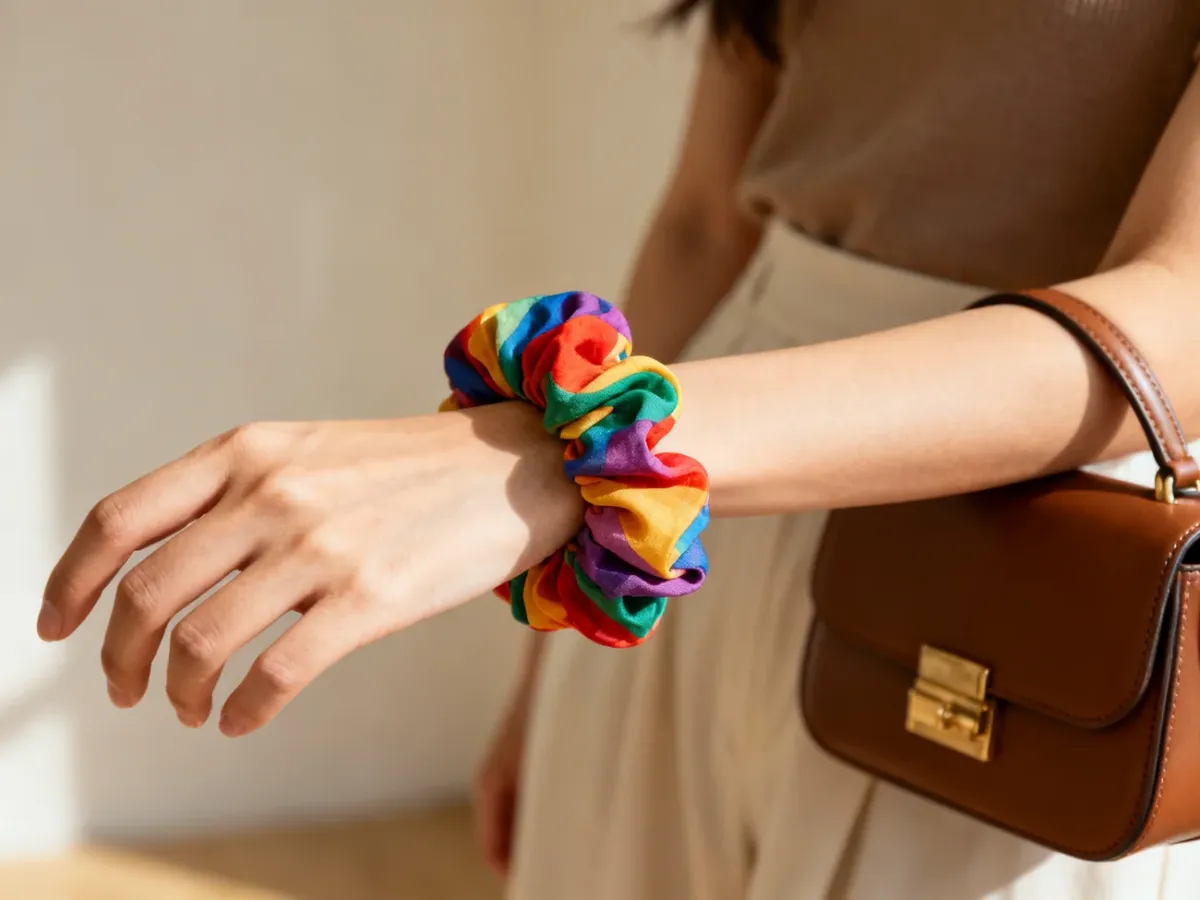 Duża scrunchie noszona jako bransoletka