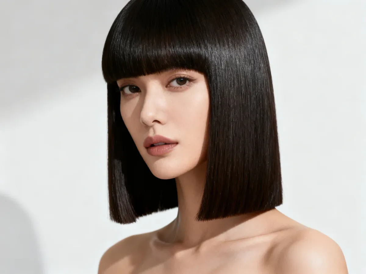 Elegancki long bob z prostą, gęstą grzywką