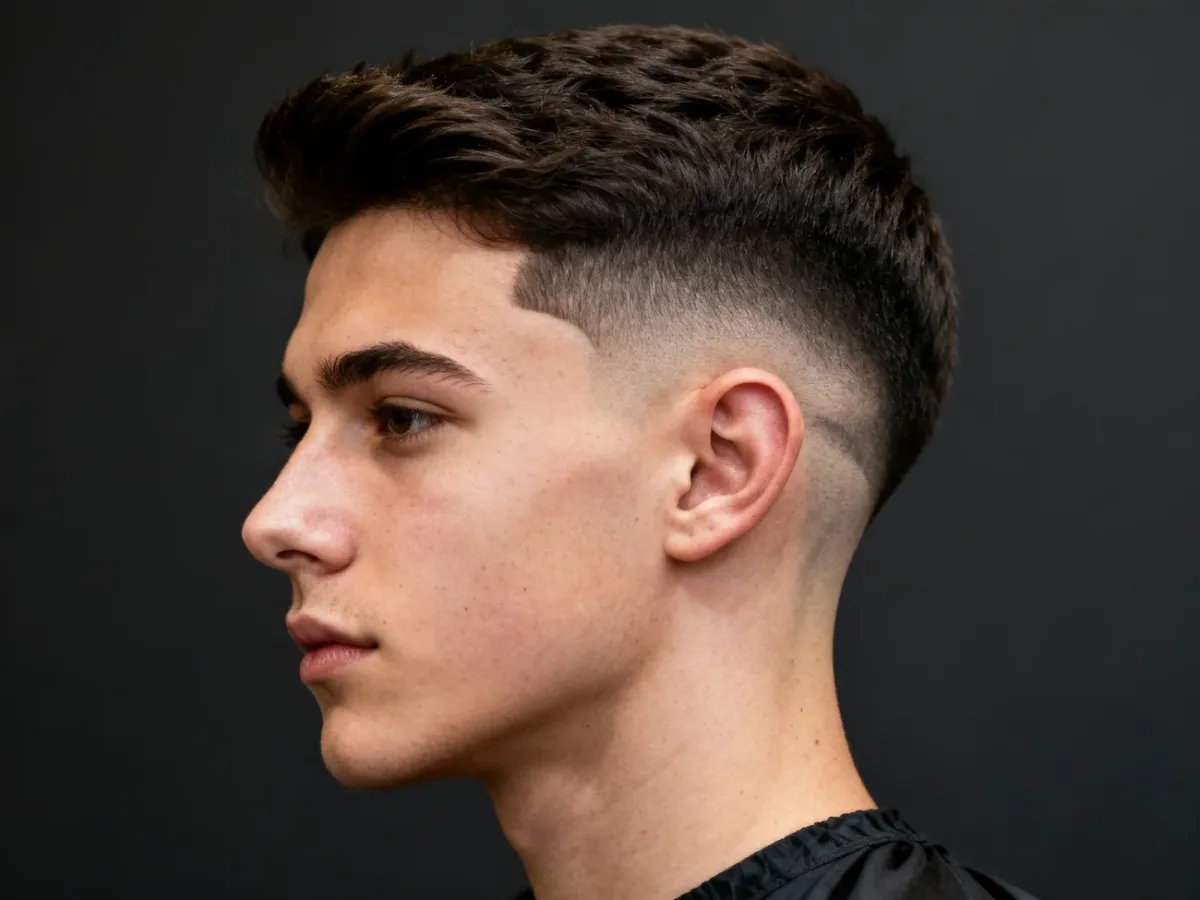 Mężczyzna z nowoczesną fryzurą drop fade widoczną z profilu