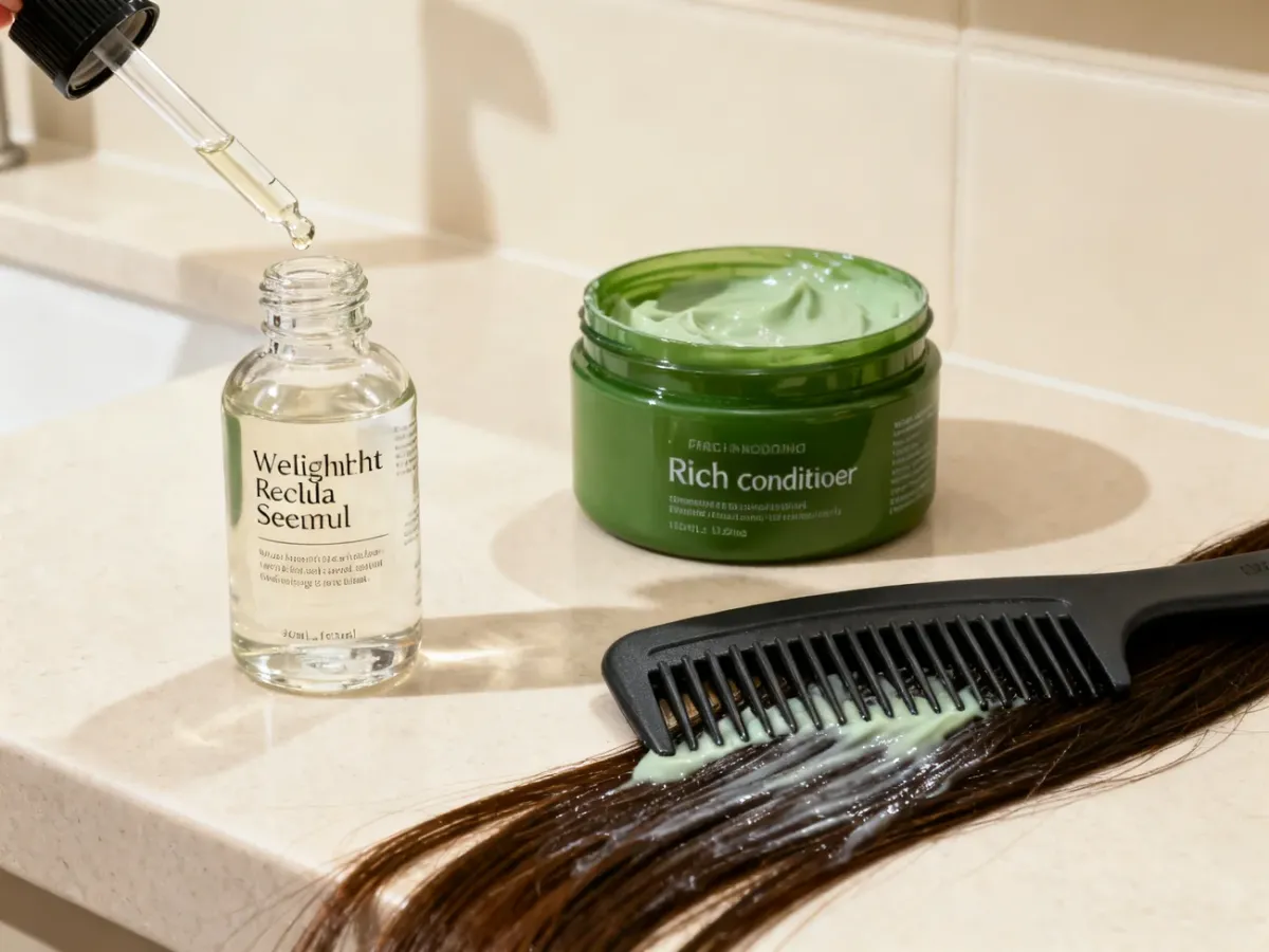 A scalp serum and conditioner used on different parts of the hair