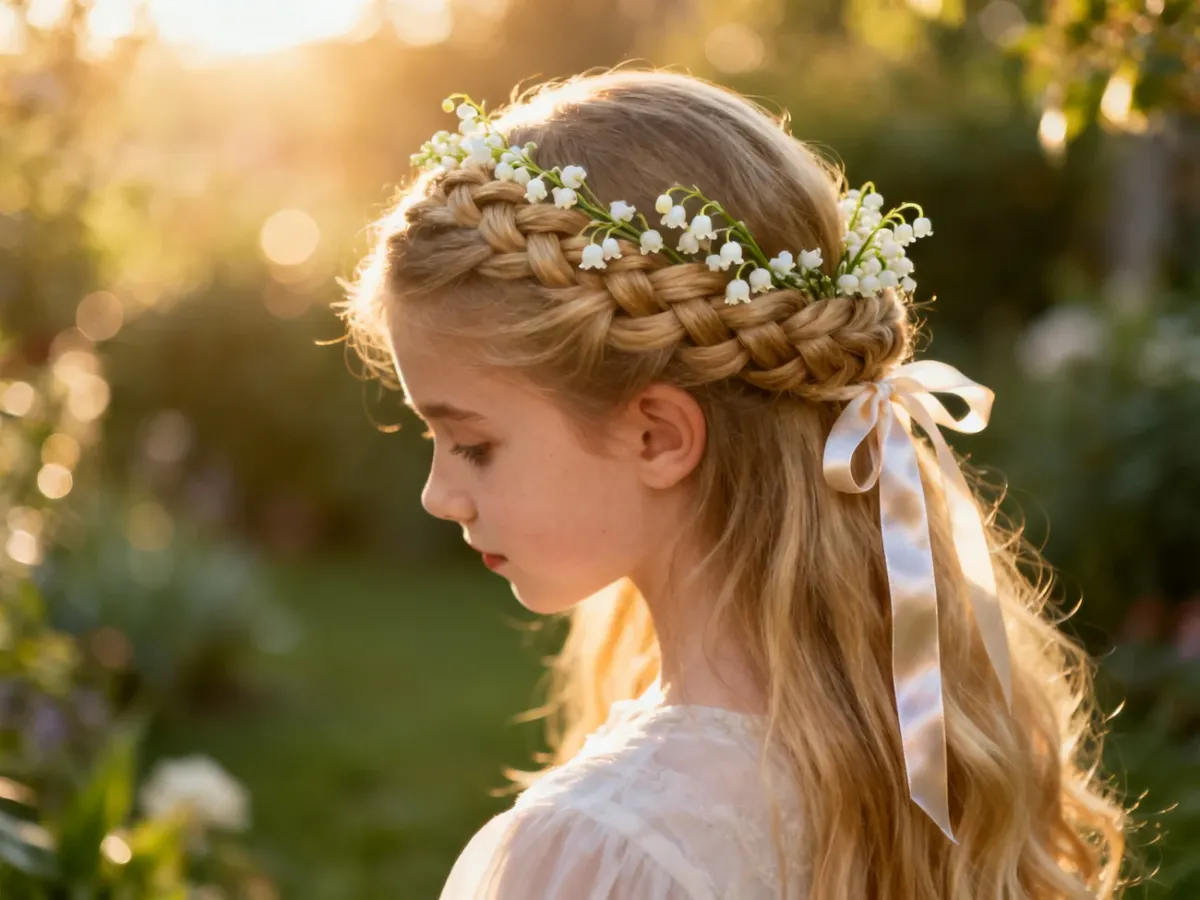 Elegancki warkocz u dziewczynki z długimi blond włosami, ozdobiony konwaliami i wstążką w słonecznym ogrodzie.