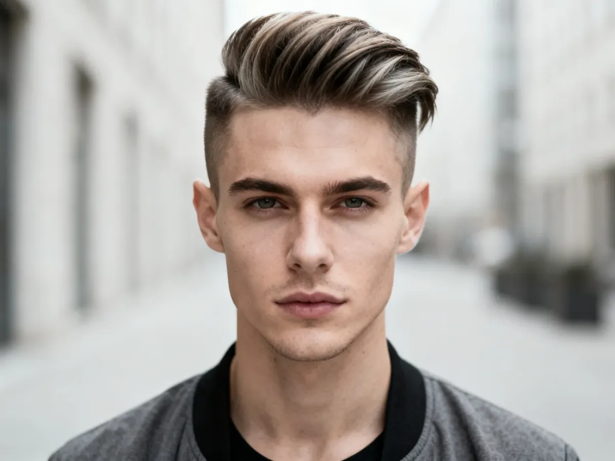 Mężczyzna z teksturowaną fryzurą faux-hawk i łagodnie cieniowanymi bokami
