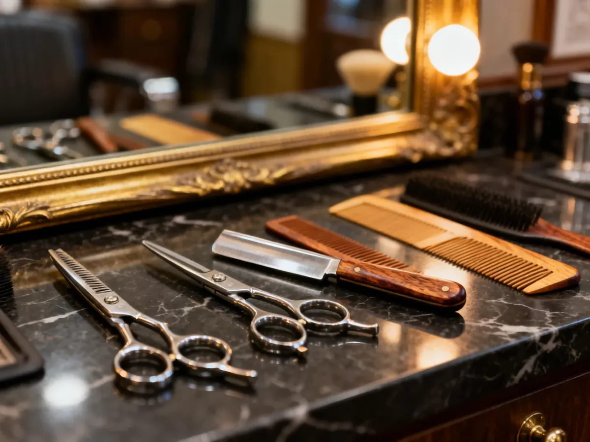 Profesjonalne narzędzia fryzjerskie, takie jak brzytwa, nożyczki i grzebienie, ułożone na eleganckim blacie w salonie barberskim.