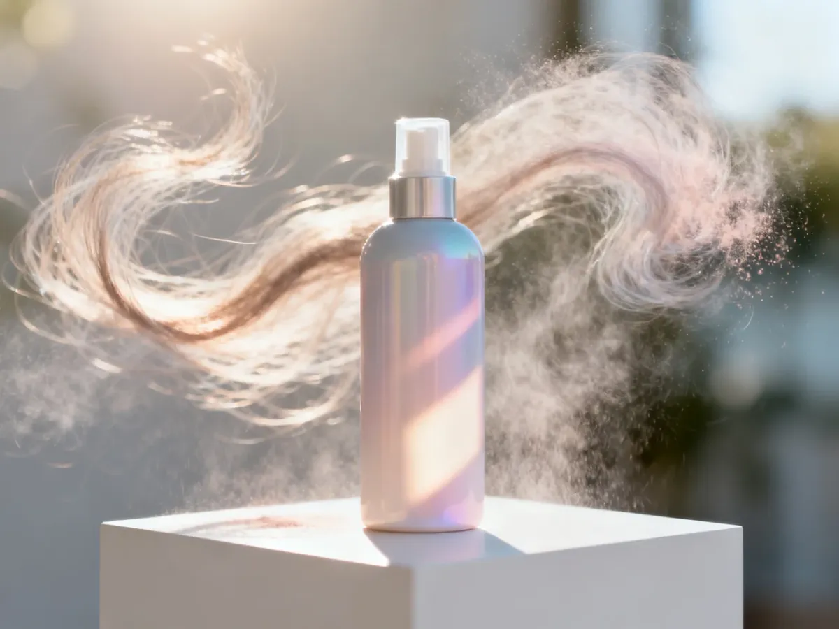 Nowoczesne opakowanie pudru do włosów w sprayu na minimalistycznym postumencie, otoczone delikatną mgiełką kosmetyku.