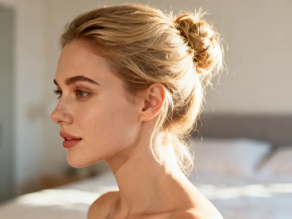 Jasny blond włosy upięte w elegancki, luźny kok. Stylizacja prezentuje szybką i modną fryzurę na co dzień.