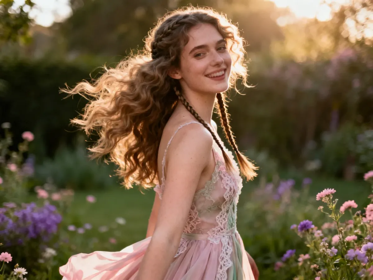 Boho fale z dwoma cienkimi warkoczami częściowo upiętymi z tyłu