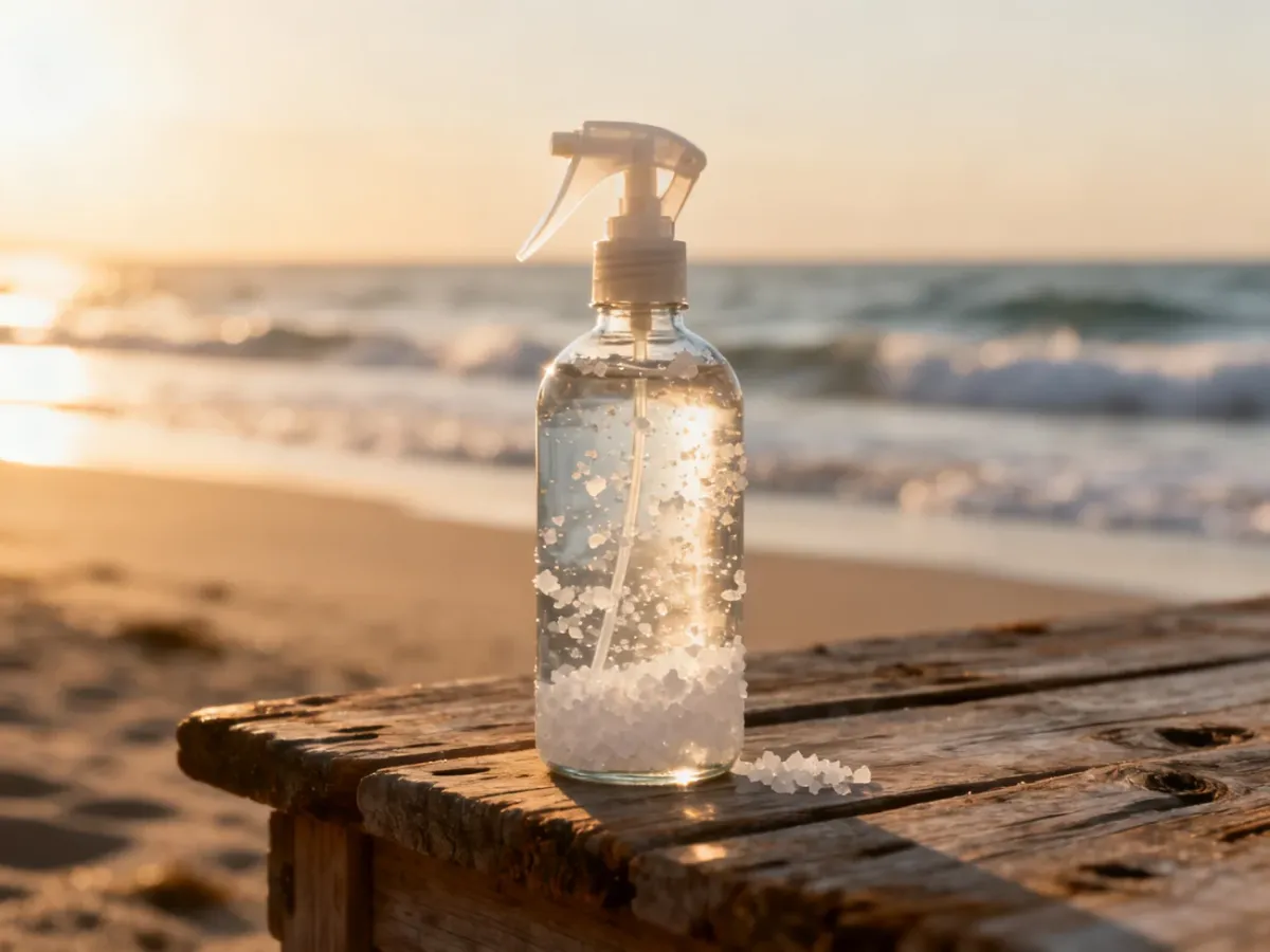 Szklana butelka z wodą morską w sprayu na drewnianym tle, w otoczeniu słonecznej plaży. Idealny produkt do stylizacji włosów.