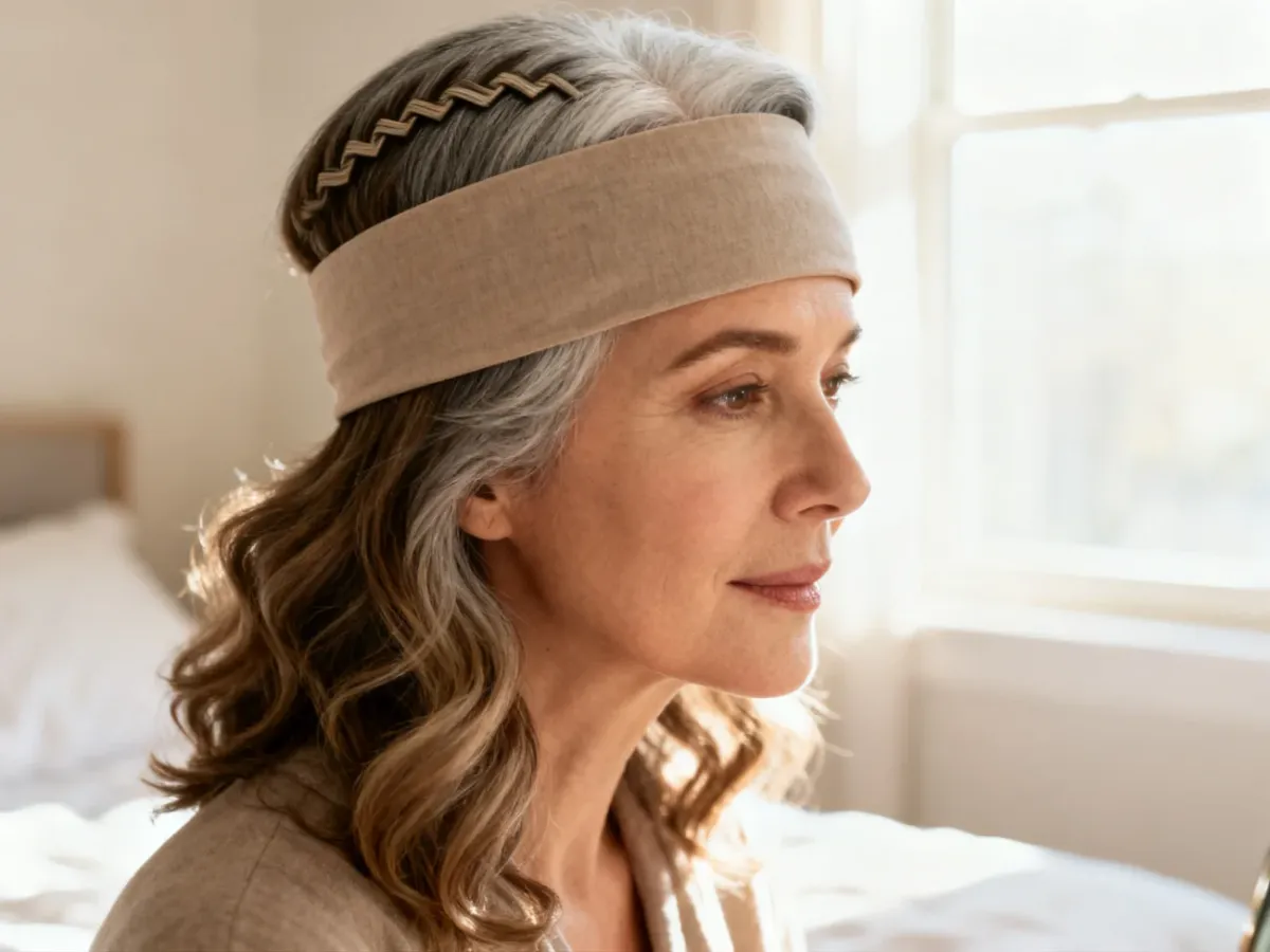 Hairstyle using waves, a zigzag part, and a headband to disguise gray roots