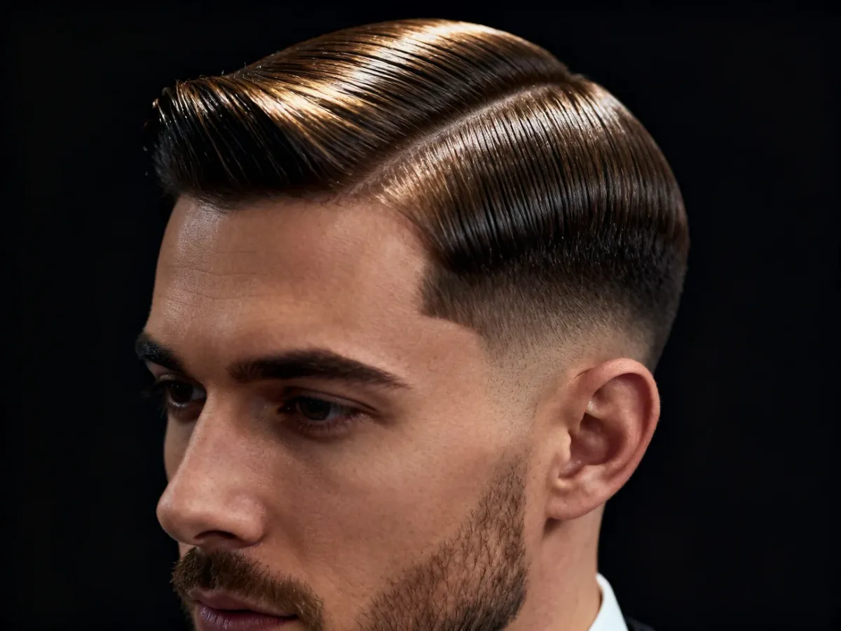 Elegancka fryzura męska side part z lekkim połyskiem