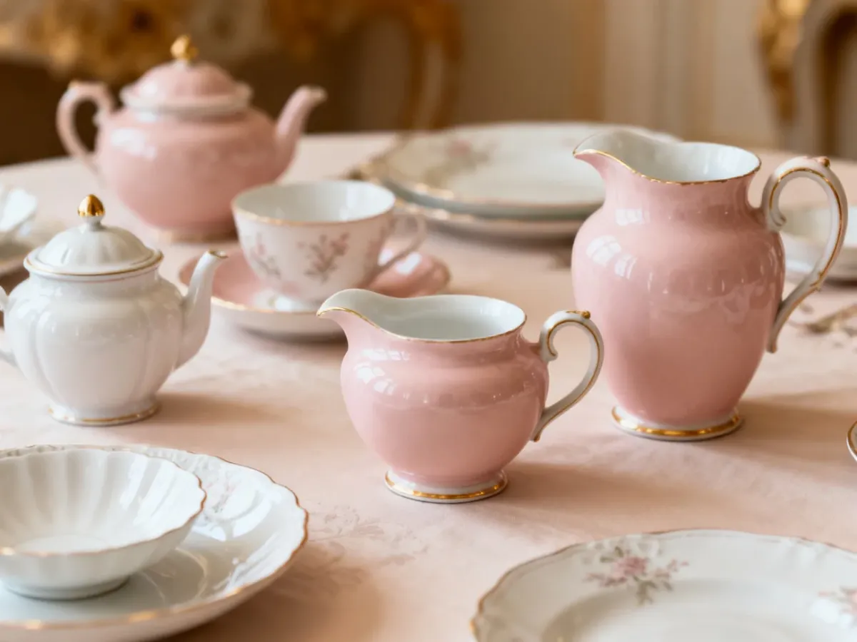 Różowa porcelana inspirowana tradycją Sèvres w otoczeniu bieli i złota