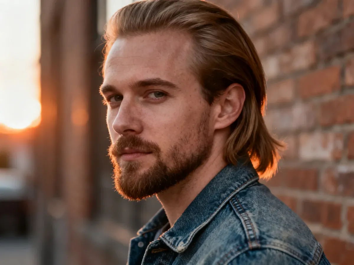 Mężczyzna z fryzurą typu mullet i zadbanym zarostem, ubrany w jeansową kurtkę na tle ceglanej ściany.