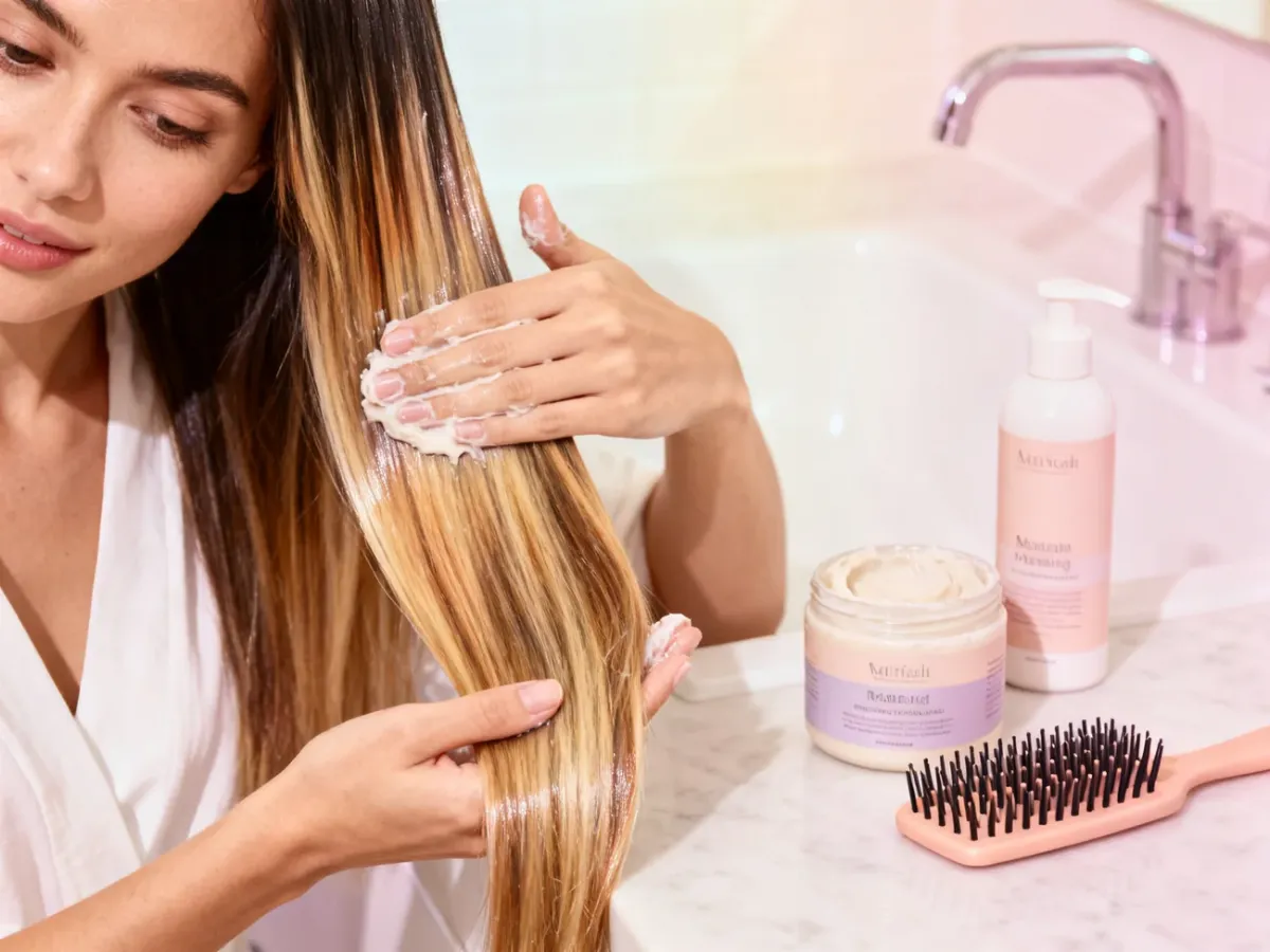 Woman caring for highlighted hair with a nourishing mask