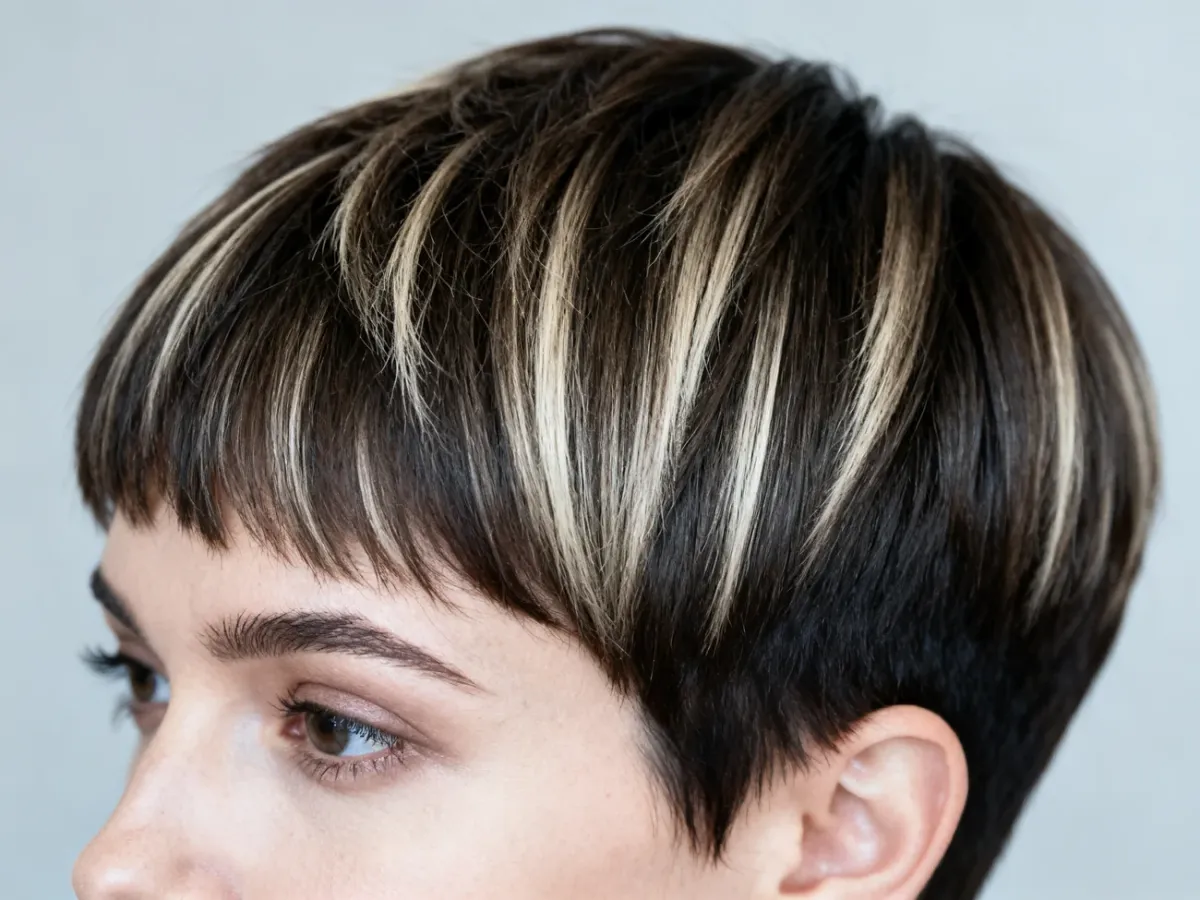 Krótkie pixie cut z precyzyjnie rozmieszczonymi jasnymi refleksami
