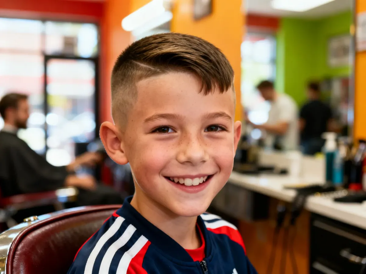 Chłopiec z nowoczesną, krótką fryzurą buzz cut