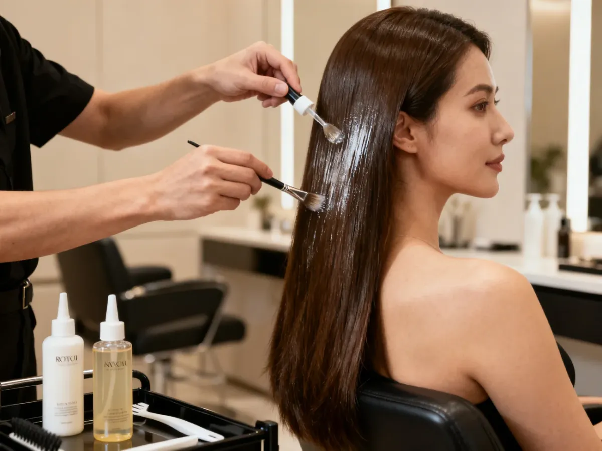 Stylista aplikuje pielęgnacyjny botoks na długie włosy w salonie