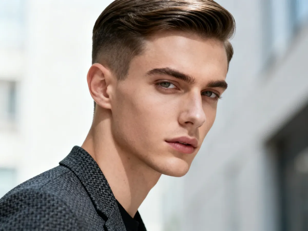 Elegancka stylizacja z fryzurą taper i teksturowaną górą