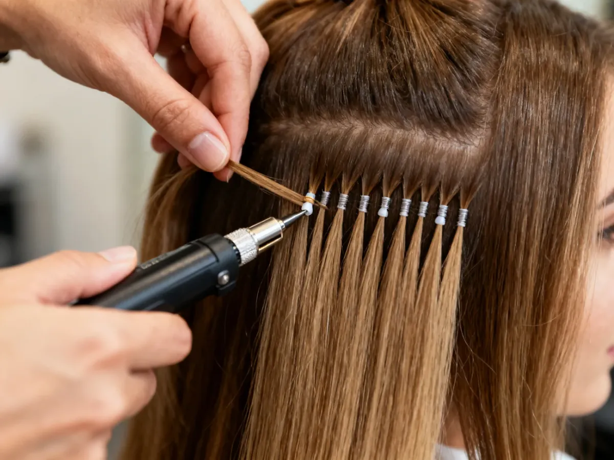 Stylist applying keratin-bonded hair extensions in a salon