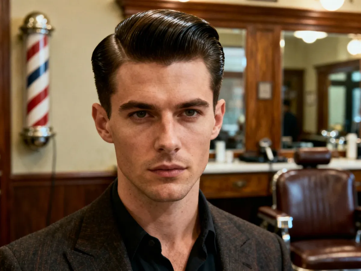 Mężczyzna z klasyczną fryzurą pompadour w stylu retro