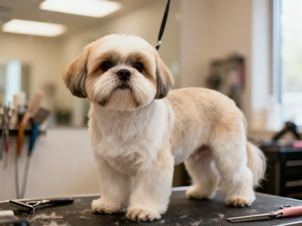 Shih tzu po pielęgnacji w salonie groomerskim