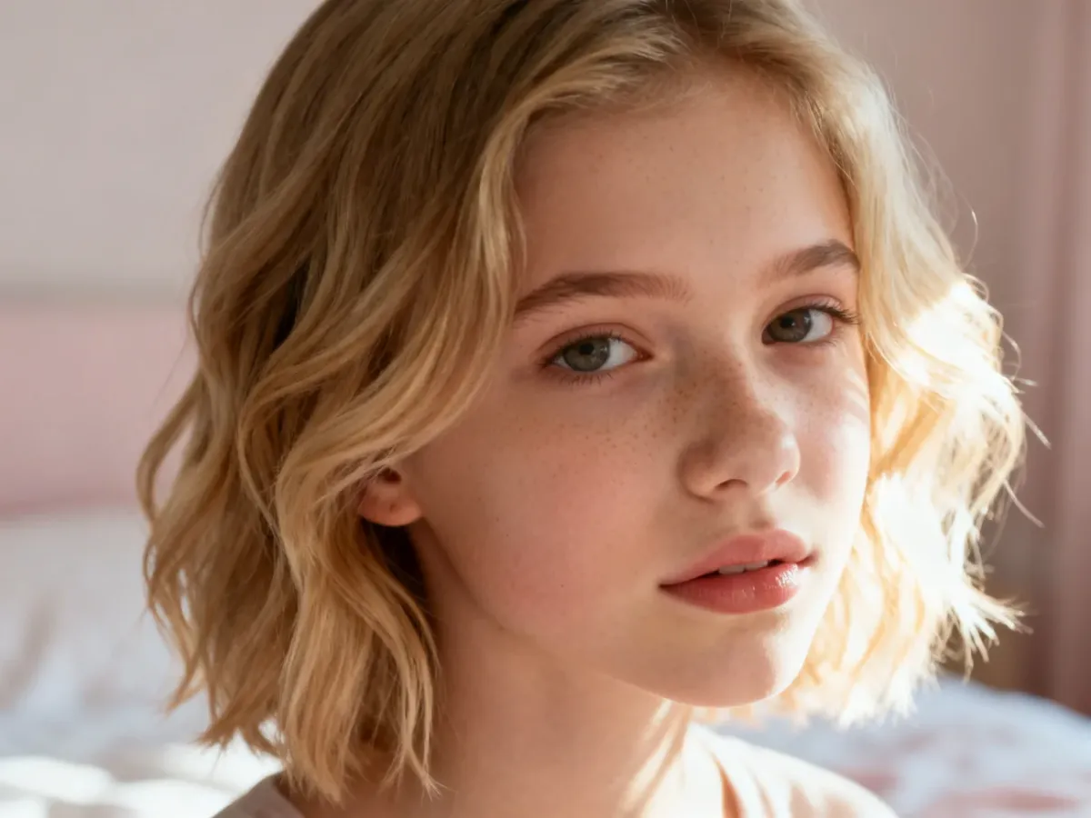 Nastolatka o blond włosach w modnym cieniowanym cięciu z delikatnymi falami, prezentująca naturalną fryzurę.
