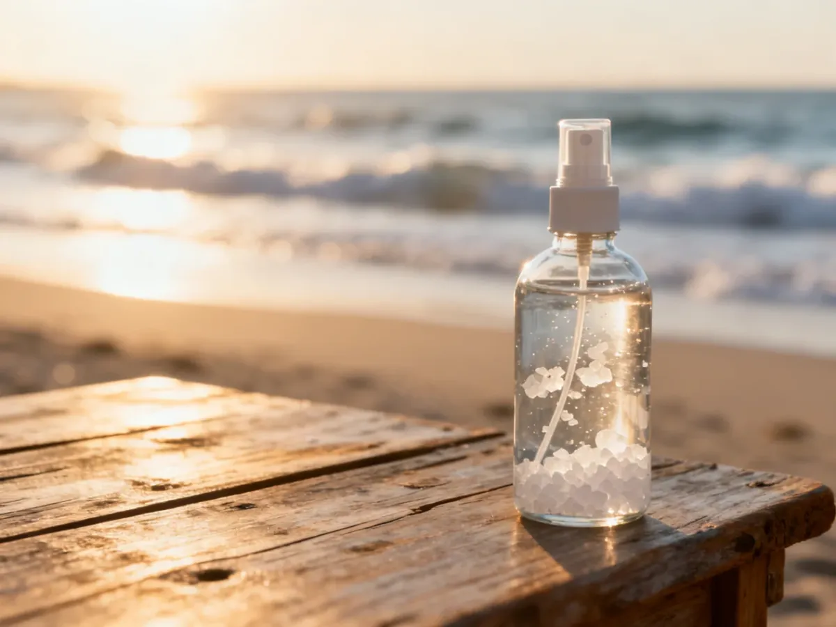 Szklana butelka z solą morską w sprayu na drewnianym stole na tle plaży o zachodzie słońca.