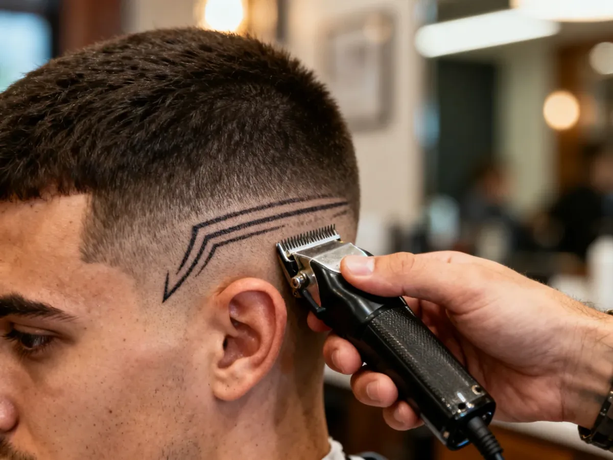 Barber wycinający precyzyjny wzór trymerem na krótkich bokach