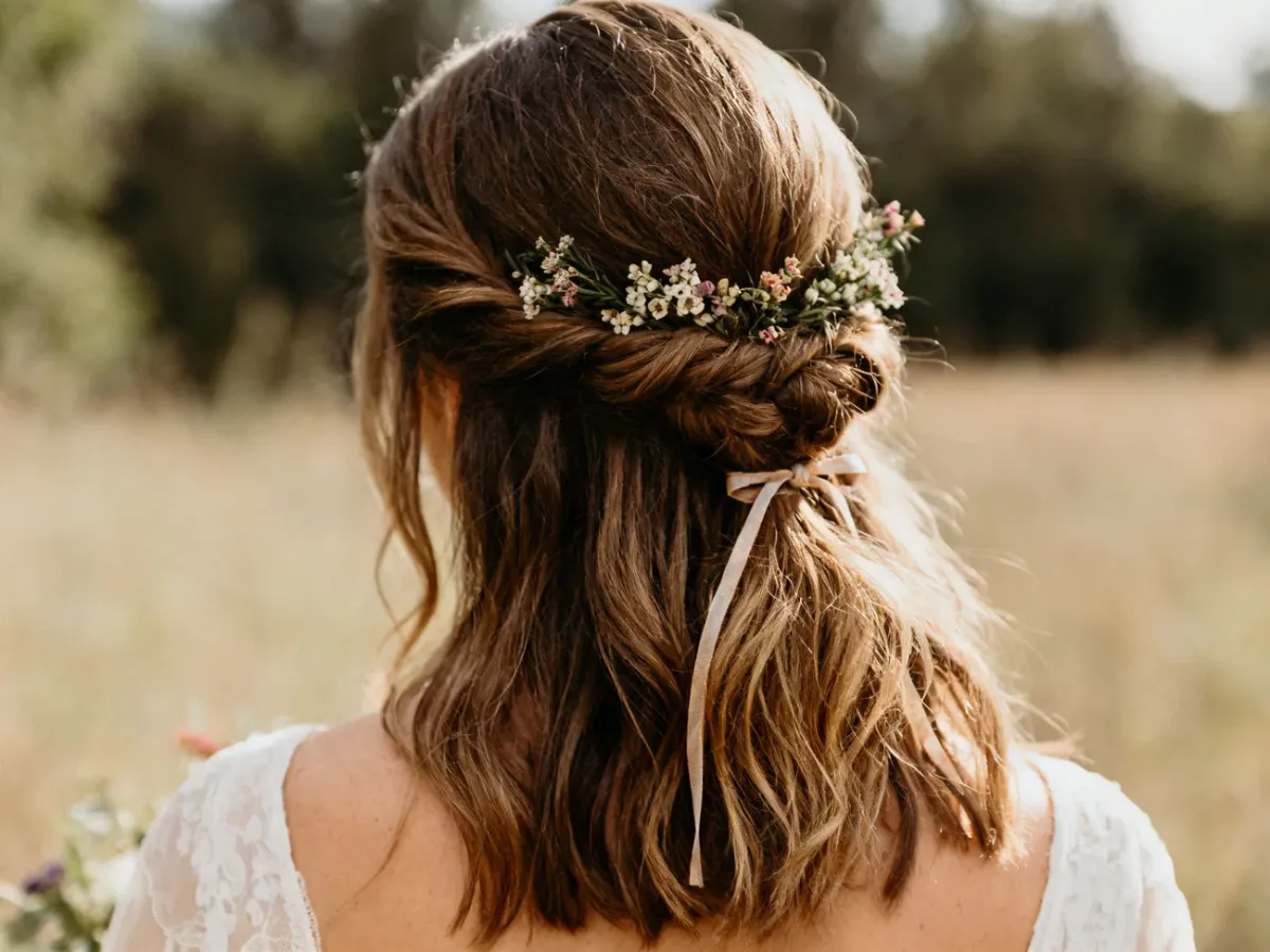 Boho plecionka z delikatnymi kwiatami we włosach