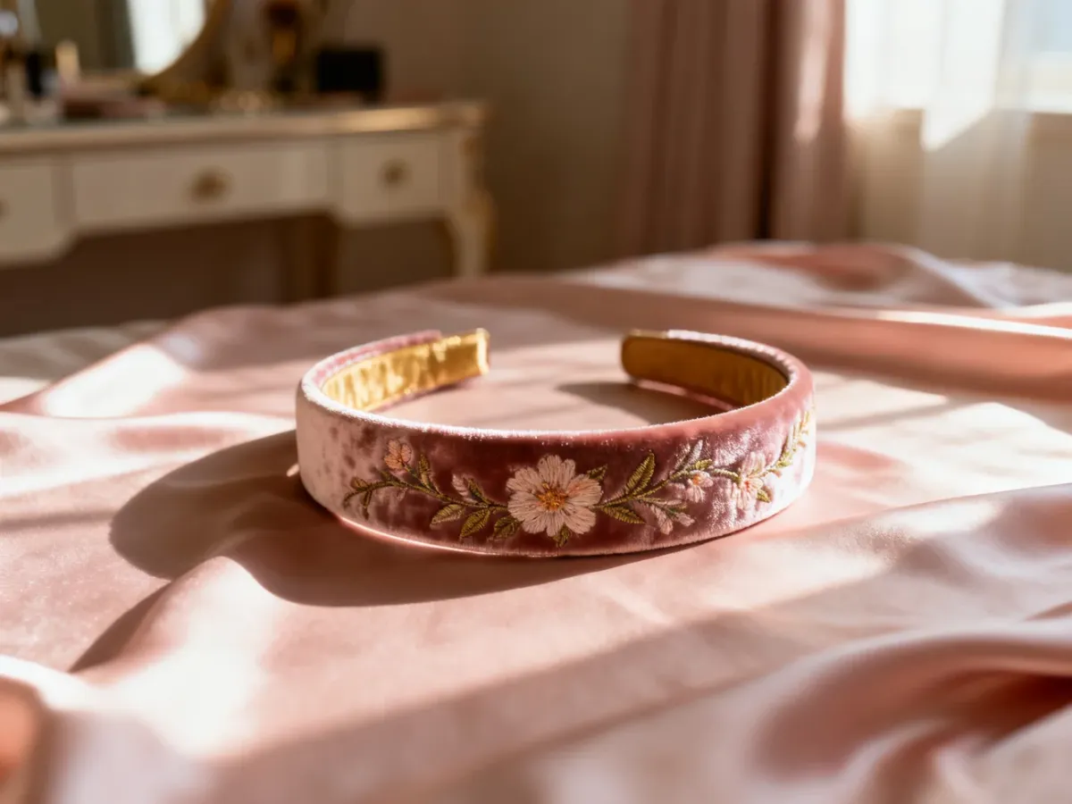 Elegancka welurowa opaska z kwiatowym haftem na pastelowym tle, prezentująca modny dodatek do włosów.
