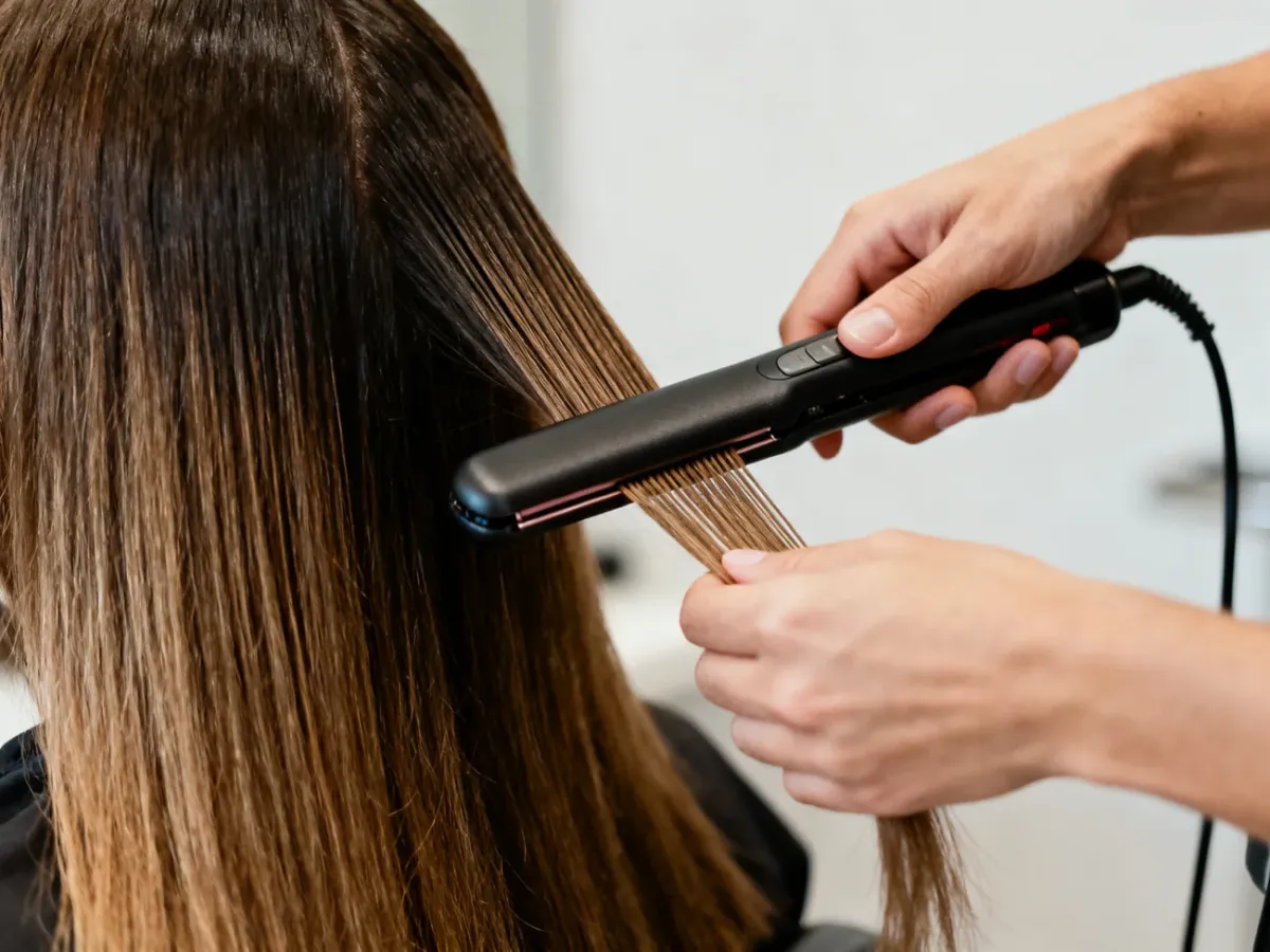 Fryzjer prostujący cienkie pasma włosów w salonie