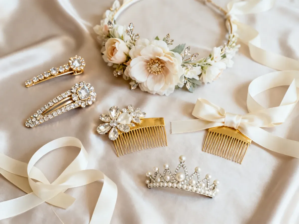Eleganckie dodatki do fryzur weselnych ułożone na jasnej tkaninie