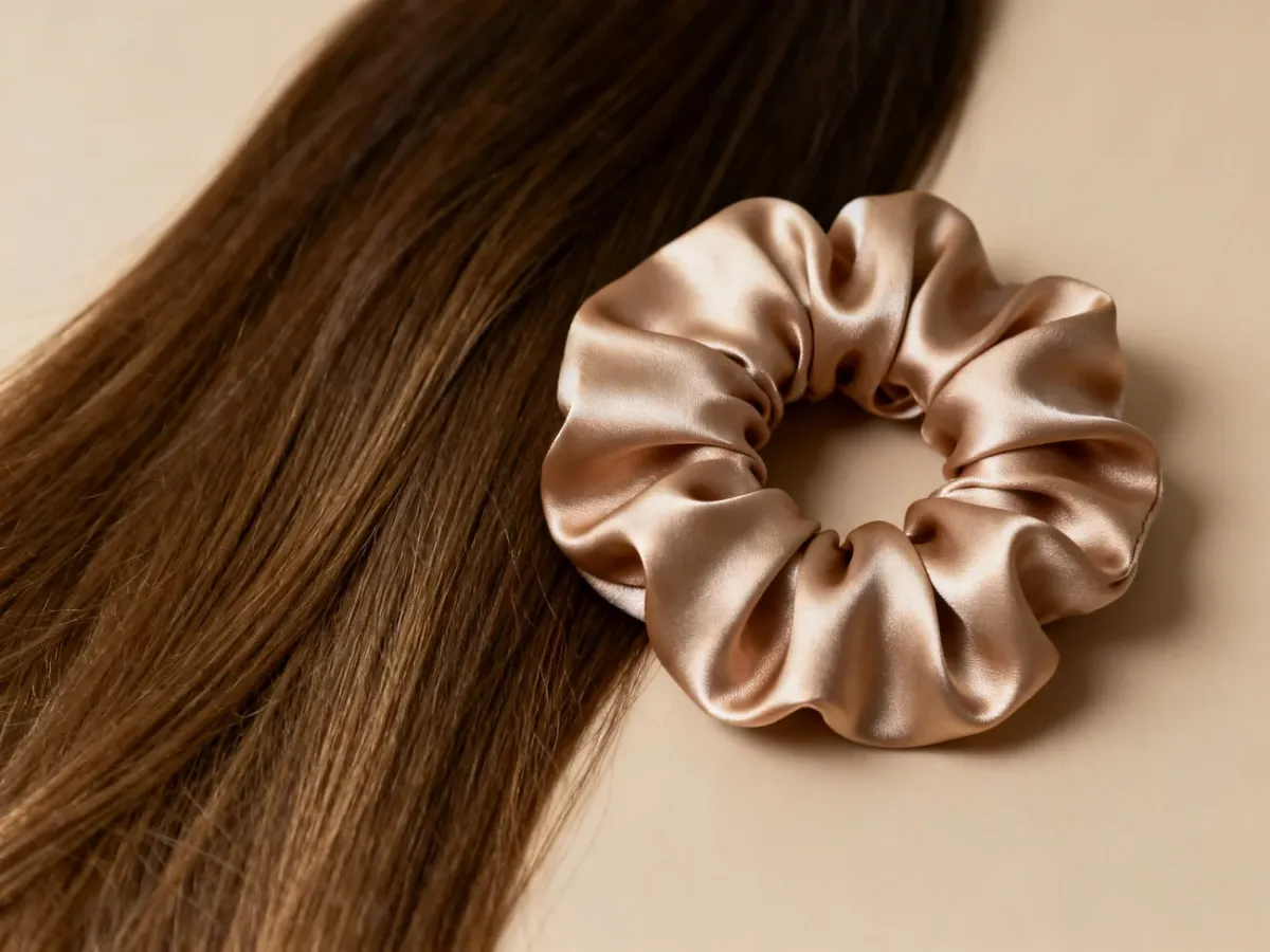 Jedwabna scrunchie 22 momme obok gładkich, zdrowych włosów