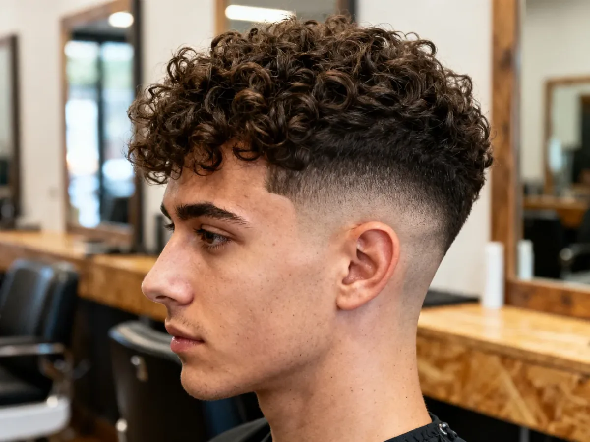 Mężczyzna z kręconymi włosami i naturalnym taper fade