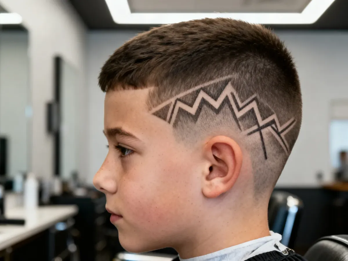 Geometryczny wzór zygzaków i linii na boku chłopięcej fryzury
