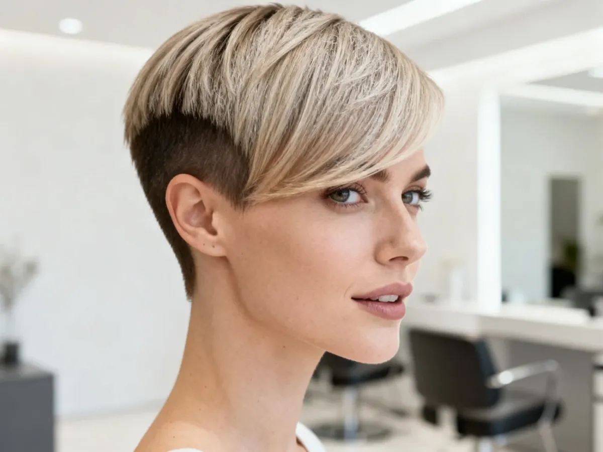 Kobieta z asymetrycznym pixie cut i dłuższą grzywką