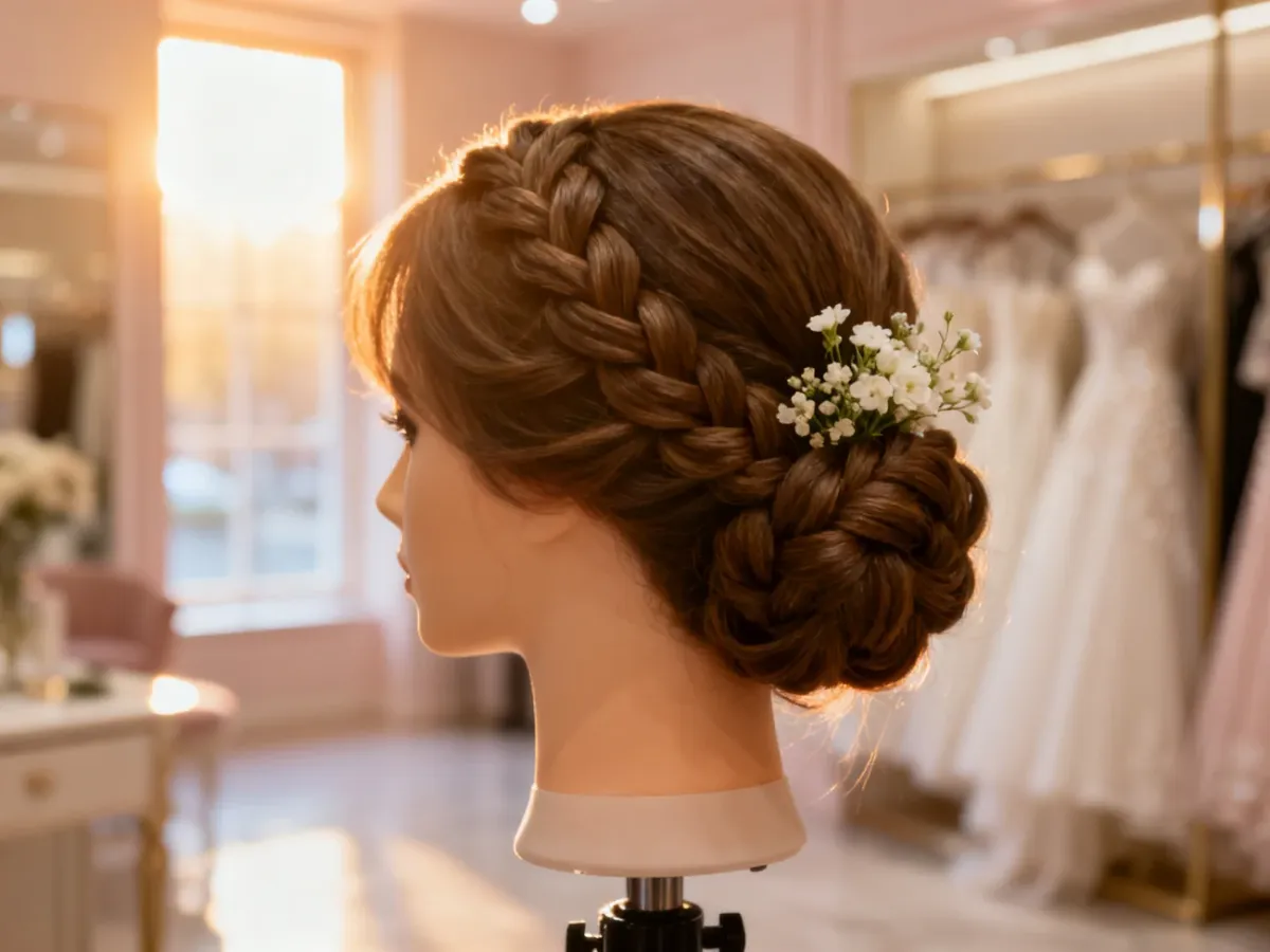Eleganckie upięcie ślubne z warkoczem i drobnymi białymi kwiatami na głowie manekina w luksusowym salonie.
