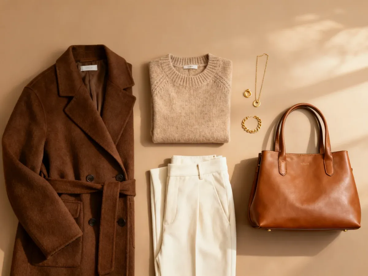 Elegancka stylizacja w odcieniach brązu, beżu i kremu z dodatkami w złotym kolorze