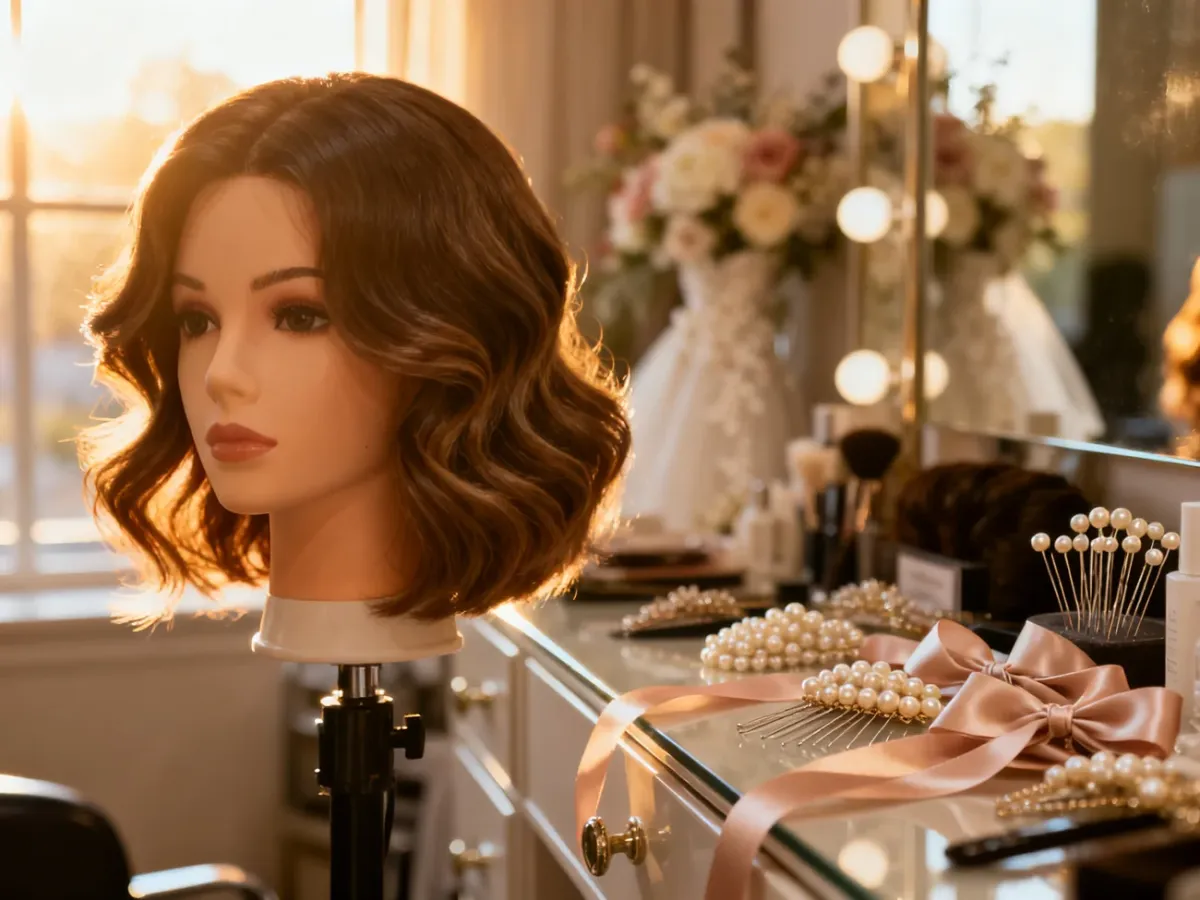 Elegancka fryzura ślubna z falami na włosach do ramion, ozdobiona perłami i wstążkami w profesjonalnym salonie.