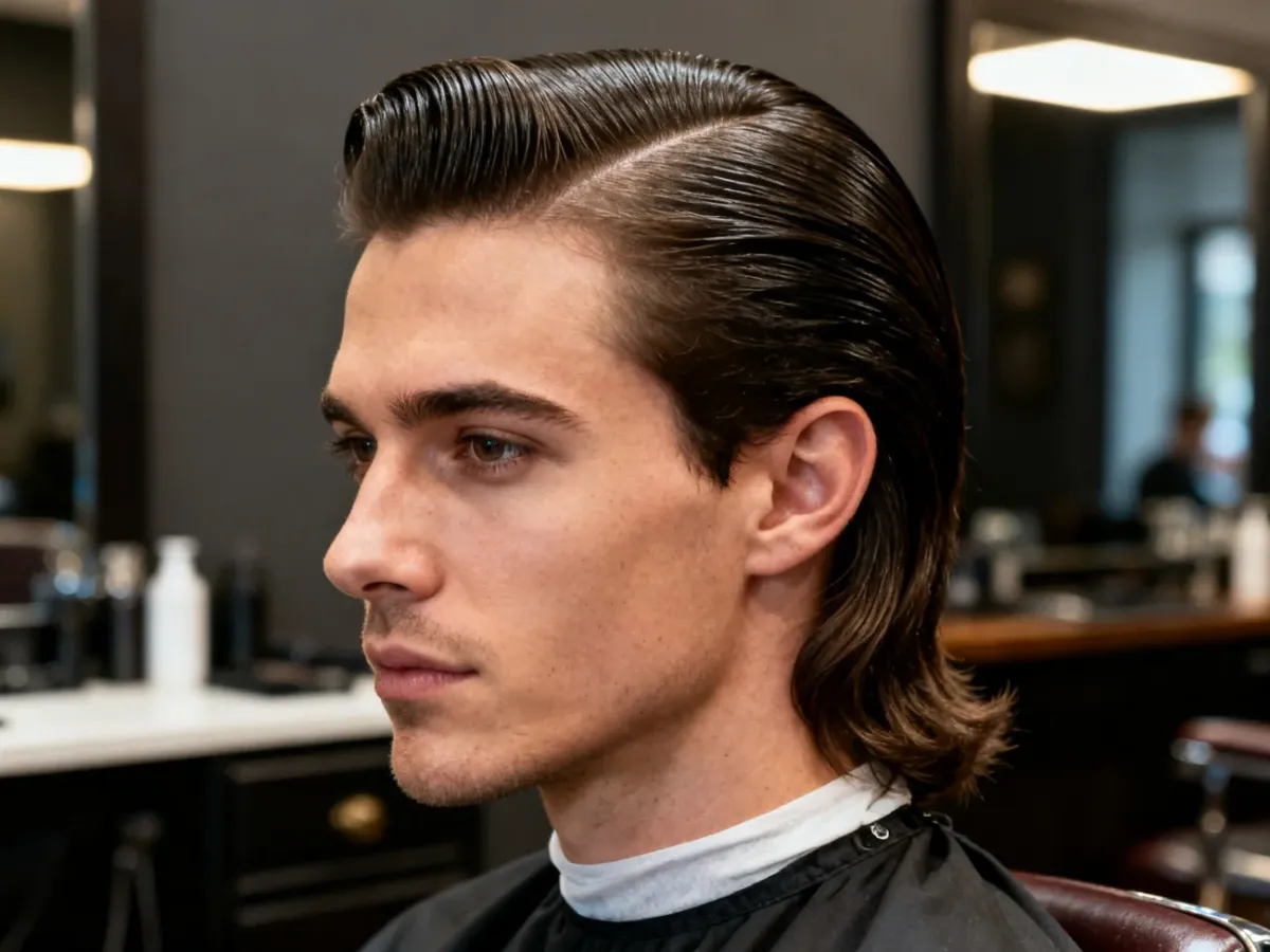 Mężczyzna z gładko zaczesaną do tyłu fryzurą Slick Back